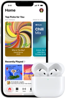 iPhone 17e, front exterior, Apple Music app with Home Screen open, next to AirPods Pro 3 in open MagSafe Charging case