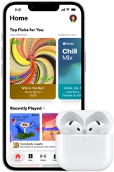 iPhone 17e, front exterior, Apple Music app with Home Screen open, next to AirPods Pro 3 in open MagSafe Charging case