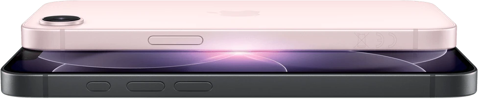 iPhone 17e, horizontal side and back exterior, soft pink color, iPhone 17e, horizontal side and front exterior, black color