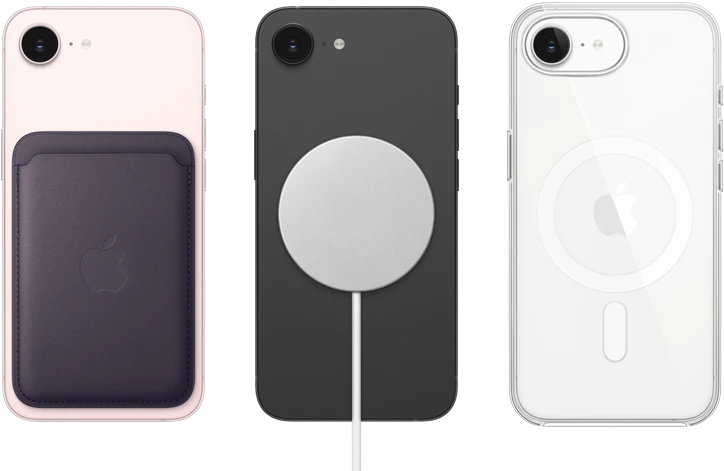 iPhone 17e, back exterior, soft pink color, FineWoven Wallet with MagSafe attached, iPhone 17e, back exterior, black color, MagSafe Charger attached, iPhone 17e, back exterior, white color, Clear Case with MagSafe attached