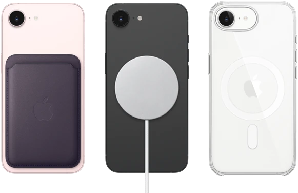 iPhone 17e, back exterior, soft pink color, FineWoven Wallet with MagSafe attached, iPhone 17e, back exterior, black color, MagSafe Charger attached, iPhone 17e, back exterior, white color, Clear Case with MagSafe attached
