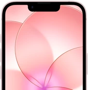 iPhone 17e, partial front exterior with Ceramic Shield 2, soft pink color, showing wallpaper image of a pink flower
