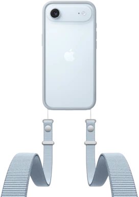 iPhone&nbsp;Air، الجزء الخلفي الخارجي، لون أزرق سماوي، نظام كاميرا Fusion بالقرب من الجزء العلوي، شعار Apple في الوسط، حزام الكتف مع إطار حماية بلون رمادي فاتح