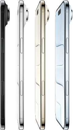 جهاز iPhone&nbsp;Air، الجزء الجانبي الخارجي، الألوان الأربعة كلها: أزرق سماوي، وذهبي فاتح، وأبيض سحابي، وأسود فلكي، تصميم نحيف للغاية، نظام كاميرا Fusion، الأزرار: الزر الجانبي، وزر التحكم في الكاميرا