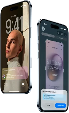 Two iPhone Air devices, front exterior, side exterior, thin profile, Lock Screen, visual intelligence feature in use
