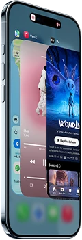 iPhone Air, front exterior, side exterior, thin profile, Dynamic Island centered near top, App Switcher feature in use, buttons: Action, volume