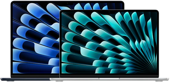 صورة أمامية لجهاز MacBook&nbsp;Air موديل 13&nbsp;إنش وموديل 15&nbsp;إنش تبين حجم الشاشة لكل من الجهازين (قطرياً)