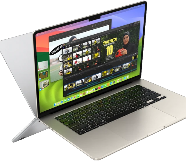 MacBook Air screen showing a video being edited to demonstrate M3 chip capabilities