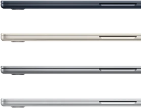 Four MacBook Air laptops, closed, showing the finish colors available: Midnight, Starlight, Space Gray, and Silver