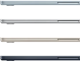 أربعة أجهزة MacBook Air تعرض ألوان الجهاز المتوفرة: الأزرق السماوي والفضي وضوء النجوم وسماء الليل