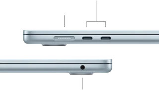 Side views of MacBook Air showing ports: MagSafe and two Thunderbolt 4 ports on left side, headphone jack on right side