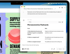 شاشة MacBook&nbsp;Air تعرض أدوات الكتابة في Apple&nbsp;Intelligence وهي تنشئ بطاقات تعليمية عن الاقتصاد الجزئي والاقتصاد الكلي