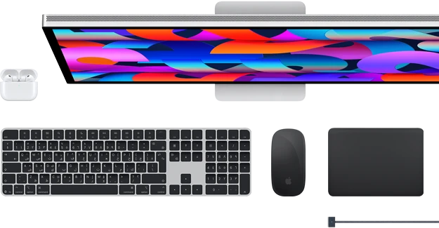 اكسسوارات Mac: سماعات&nbsp;AirPods، وشاشة&nbsp;Studio&nbsp;Display، ولوحة مفاتيح ماجيك، وماجيك ماوس، ولوحة تعقب ماجيك، وكابل شحن MagSafe‏