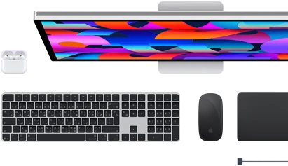 اكسسوارات Mac: سماعات&nbsp;AirPods، وشاشة&nbsp;Studio&nbsp;Display، ولوحة مفاتيح ماجيك، وماجيك ماوس، ولوحة تعقب ماجيك، وكابل شحن MagSafe‏‏