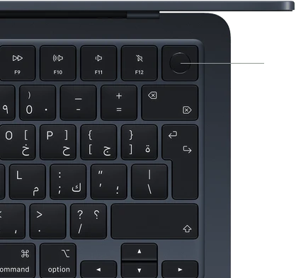 صورة للجانب الأيمن العلوي من لوحة مفاتيح MacBook&nbsp;Air، توضح موضع زر بصمة الإصبع