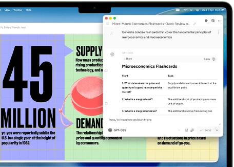 MacBook Air screen showing Apple Intelligence Writing Tools creating flash cards about micro and macro economics