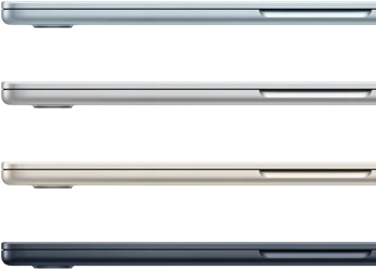 Side exteriors of four MacBook Air laptops, showcasing four different finishes