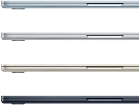 Side exteriors of four MacBook Air laptops, showcasing four different finishes