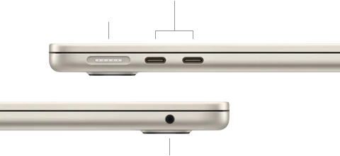 MacBook Air, closed, left side, showing MagSafe and two Thunderbolt ports, right side, showing headphone jack