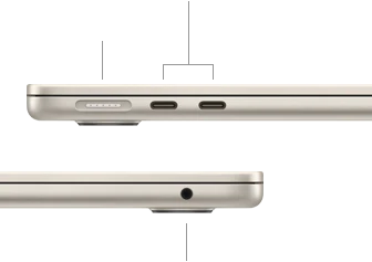 MacBook Air, closed, left side, showing MagSafe and two Thunderbolt ports, right side, showing headphone jack