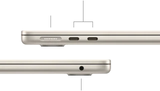 MacBook Air, closed, left side, showing MagSafe and two Thunderbolt ports, right side, showing headphone jack
