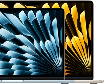 Two MacBook Air laptops demonstrating relative sizes of displays: 13.6 inches and 15.3 inches, measured diagonally