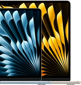 Two MacBook Air laptops demonstrating relative sizes of displays: 13.6 inches and 15.3 inches, measured diagonally