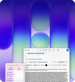 شاشة MacBook Neo، أدوات الكتابة في Apple Intelligence قيد الاستخدام في تطبيق البريد لمراجعة فقرة طويلة في إيميل تحتوي على ملاحظات عن منشور