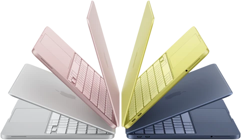 أجهزة لابتوب MacBook Neo بلون فضي ووردي هادئ وأصفر سيتروس ونيلي، كلها مفتوحة جزئياً ومرتبة على شكل قوس