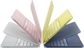 أجهزة لابتوب MacBook Neo بلون فضي ووردي هادئ وأصفر سيتروس ونيلي، كلها مفتوحة جزئياً ومرتبة على شكل قوس