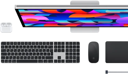 اكسسوارات Mac: سماعات AirPods، شاشة Studio Display، لوحة مفاتيح ماجيك، ماجيك ماوس، لوحة تعقب ماجيك، كابل شحن MagSafe