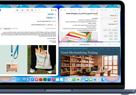 جهاز MacBook Neo، لون نيلي، شاشة تعرض صياغة إيميل ترحيبي لموظف جديد في متجر كتب، نوافذ متجانبة أخرى تشمل مستنداً في تطبيق الملاحظات عن برنامج تأهيل الموظف وموقعاً لبوابة موظفي متجر الكتب في سفاري