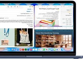 جهاز MacBook Neo، لون نيلي، شاشة تعرض صياغة إيميل ترحيبي لموظف جديد في متجر كتب، نوافذ متجانبة أخرى تشمل مستنداً في تطبيق الملاحظات عن برنامج تأهيل الموظف وموقعاً لبوابة موظفي متجر الكتب في سفاري