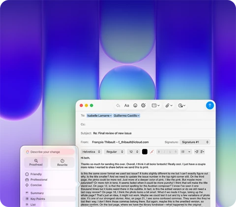 MacBook Neo screen, using Apple Intelligence Writing Tools in Mail to revise a long paragraph in an email containing feedback on a publication