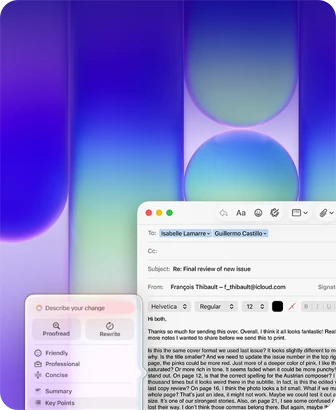MacBook Neo screen, using Apple Intelligence Writing Tools in Mail to revise a long paragraph in an email containing feedback on a publication