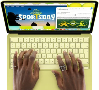 MacBook Neo, citrus color, hands on keyboard, user is composing an email invitation to the opening of an art exhibit, website for the event open alongside