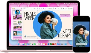 MacBook Neo, blush color, next to iPhone, MacBook Neo screen shows presentation titled Finals Week Pet Therapy with photo of a person holding a guinea pig, iPhone screen shows same photo, which has been turned into a sticker to use in presentation