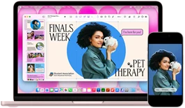 MacBook Neo, blush color, next to iPhone, MacBook Neo screen shows presentation titled Finals Week Pet Therapy with photo of a person holding a guinea pig, iPhone screen shows same photo, which has been turned into a sticker to use in presentation