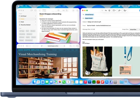 MacBook Neo, indigo color, screen shows composing a welcome email to new employee of bookstore, other tiled windows contain Notes doc about onboarding and bookstore's employee portal website in Safari