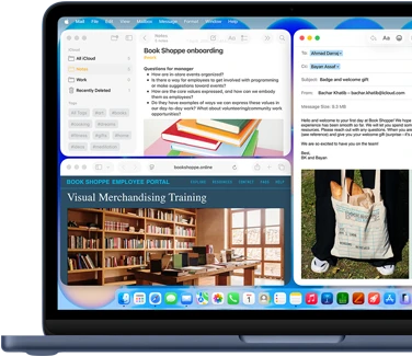 MacBook Neo, indigo color, screen shows composing a welcome email to new employee of bookstore, other tiled windows contain Notes doc about onboarding and bookstore's employee portal website in Safari