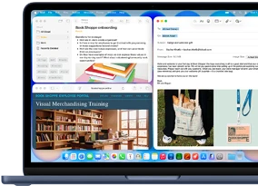 MacBook Neo, indigo color, screen shows composing a welcome email to new employee of bookstore, other tiled windows contain Notes doc about onboarding and bookstore's employee portal website in Safari