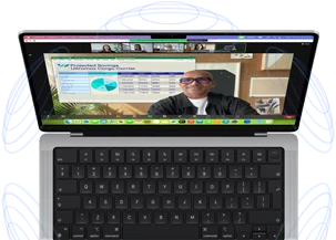 MacBook Pro surrounded by illustrations of blue circles to suggest the 3D feeling of Spatial Audio — Onscreen, a person uses the Presenter Overlay feature in a Zoom video meeting to appear in front of the content they are presenting