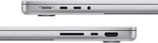 Side view of 14-inch MacBook Pro with M3 Pro chip showing ports: left side, MagSafe port, two Thunderbolt 4 ports, and headphone jack, right side, SDXC card slot, one Thunderbolt 4 port, and HDMI port