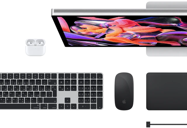 Mac accessories: Airpods, Studio Display, Magic Keyboard, Magic Mouse, Magic Trackpad, MagSafe charge cable in Space Black