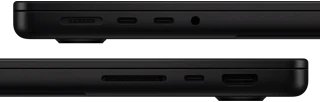 Showing the ports on MacBook Pro — left side: MagSafe, two Thunderbolt ports, and headphone jack — right side: SDXC, one Thunderbolt port, and HDMI