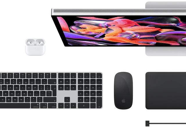 Mac accessories: Airpods, Studio Display, Magic Keyboard, Magic Mouse, Magic Trackpad, MagSafe charge cable in Space Black