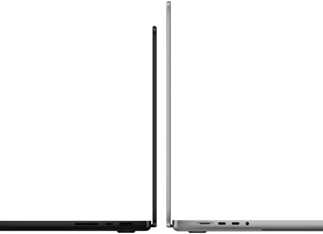MacBook Pro 14-inch and 16-inch back to back, showing size difference and emphasizing the narrow profile