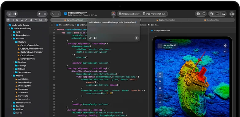 شاشة MacBook Pro تعرض تكامل مساعد ذكاء اصطناعي في Xcode‏