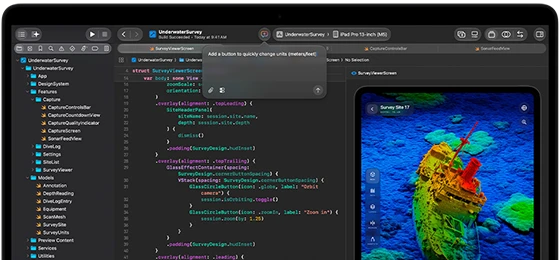 شاشة MacBook Pro تعرض تكامل مساعد ذكاء اصطناعي في Xcode‏