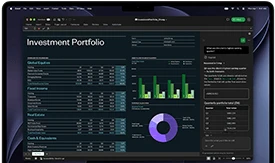 شاشة MacBook Pro تعرض جدول بيانات في Excel مع بيانات محفظة استثمارية، مخطط شريطي بلون أخضر، مخطط حلقي بلون ليلكي، شريط جانبي يعرض Copilot مع الإجماليات ربع السنوية